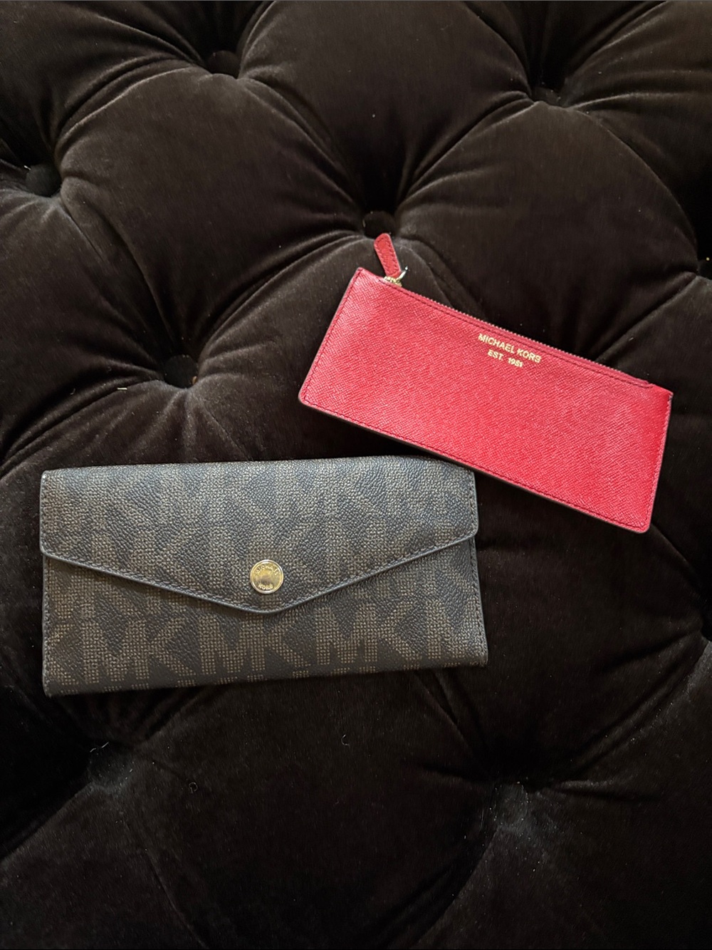 Michael Kors Red Zip Wristlet and Dark MK Monogram Envelope Wallet